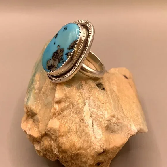Navajo Native American Indian Made Kingsman Turquoise Sterling Silver Ring 6.5